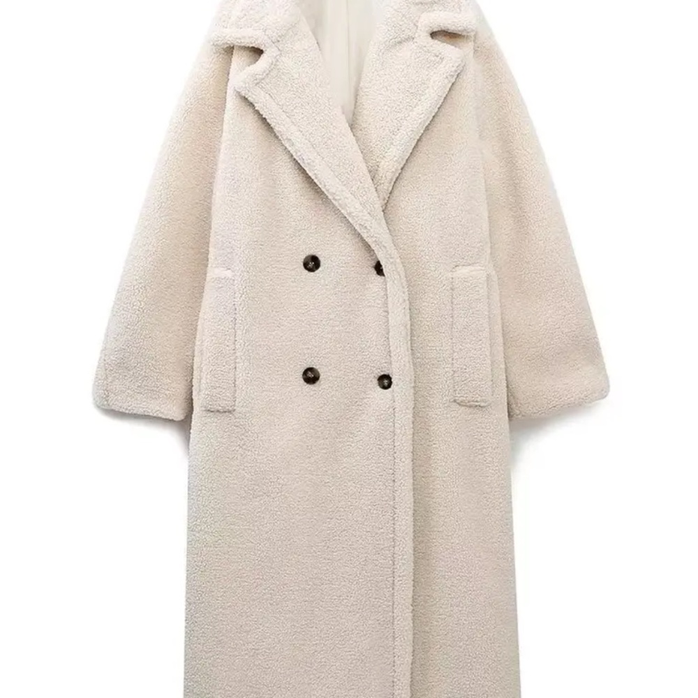 Teddy Long Coat in Cream - Women's Double-Breasted Teddy Jacket